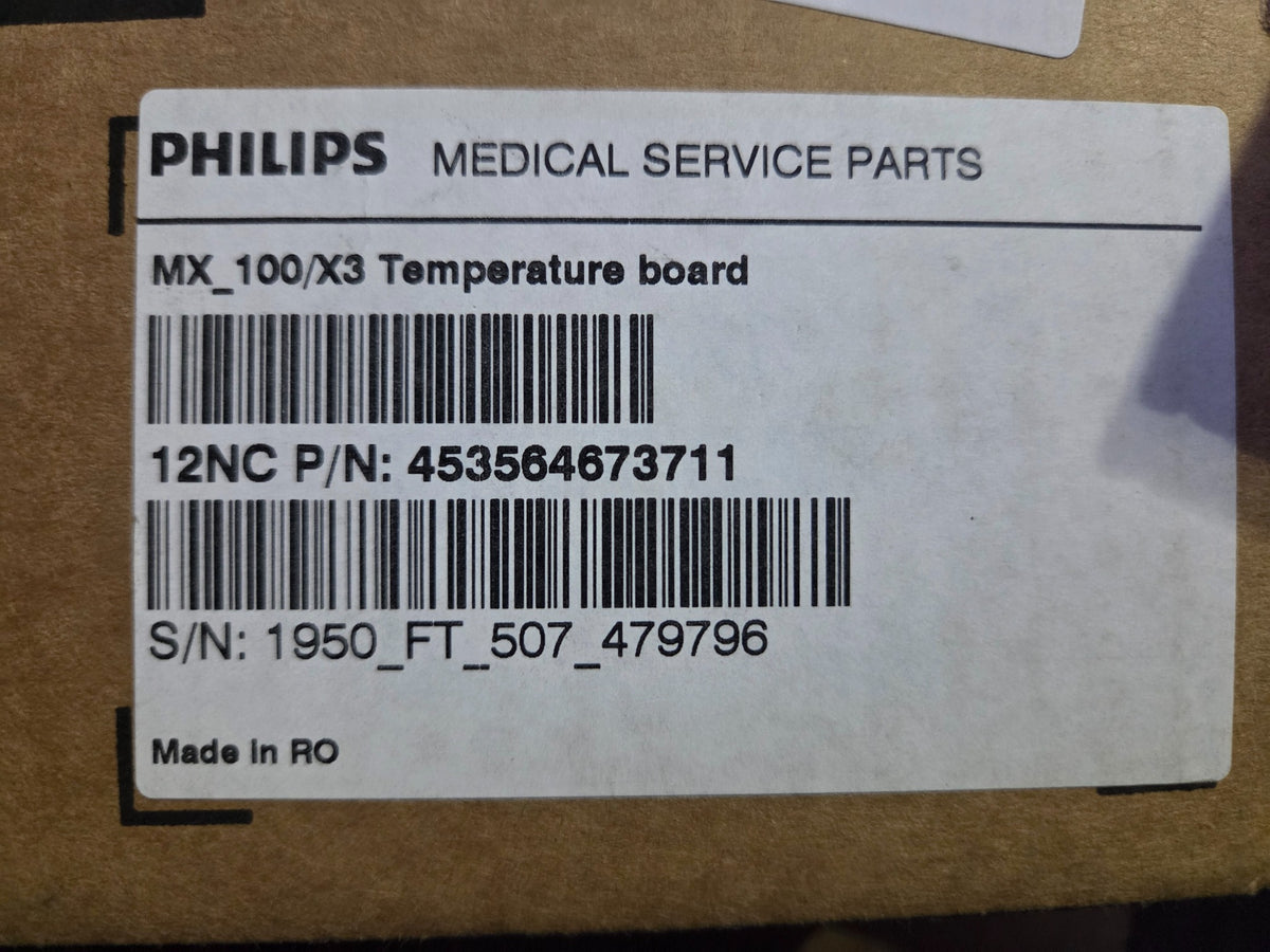 Original Philips packaging label for MX_100/X3 Temperature board, part 453564673711, serial 1950_FT_507_479796