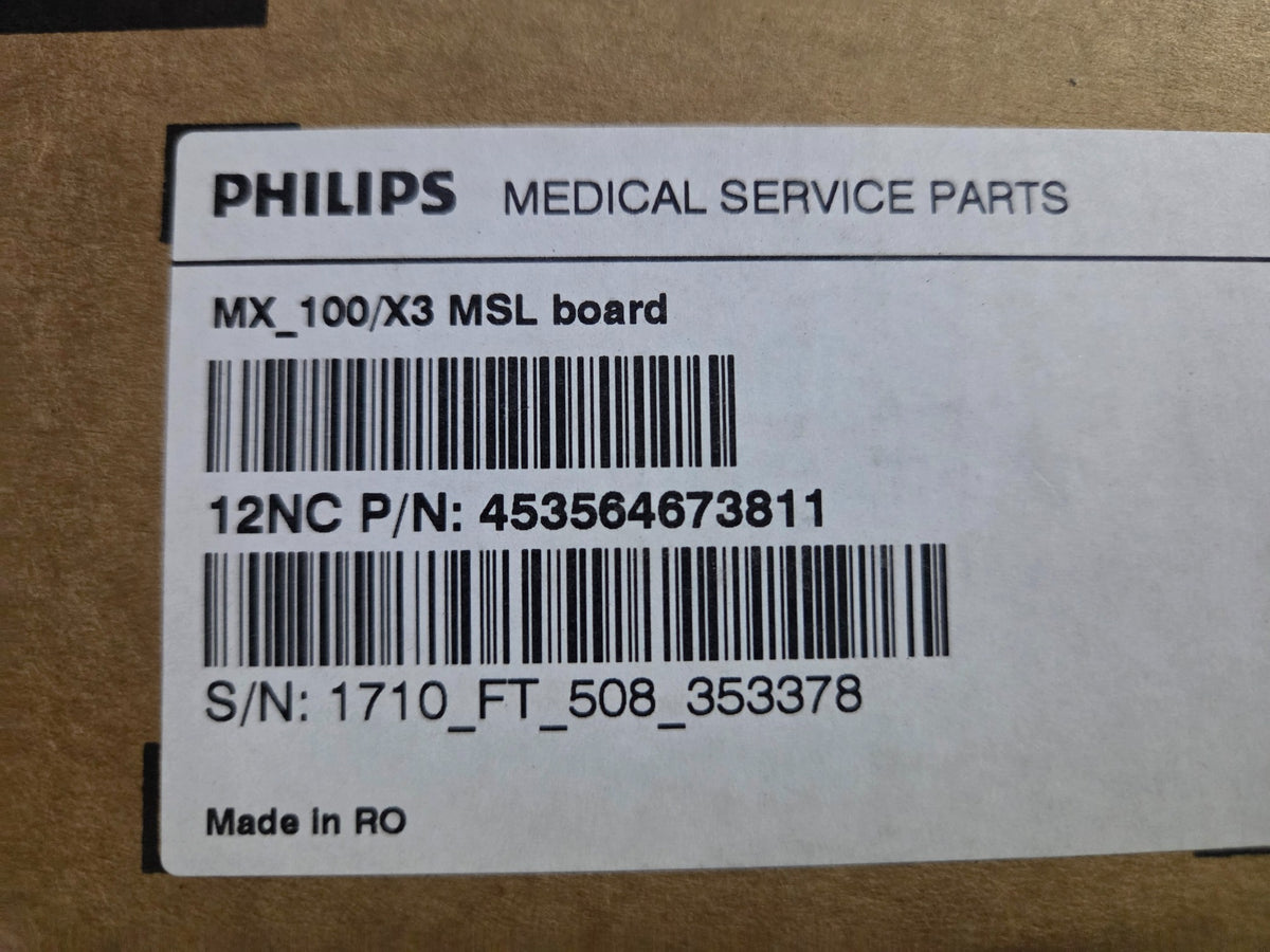 Original Philips packaging label for MX_100/X3 MSL board, part 453564673811, serial 1710_FT_508_353378