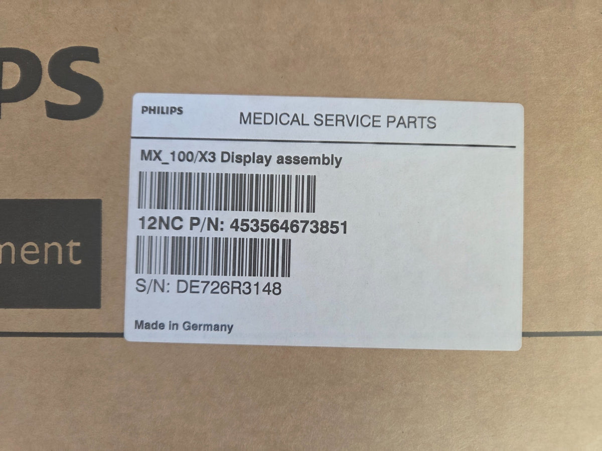 Original Philips packaging label for MX_100/X3 Display assembly, part 453564673851, serial DE726R3148