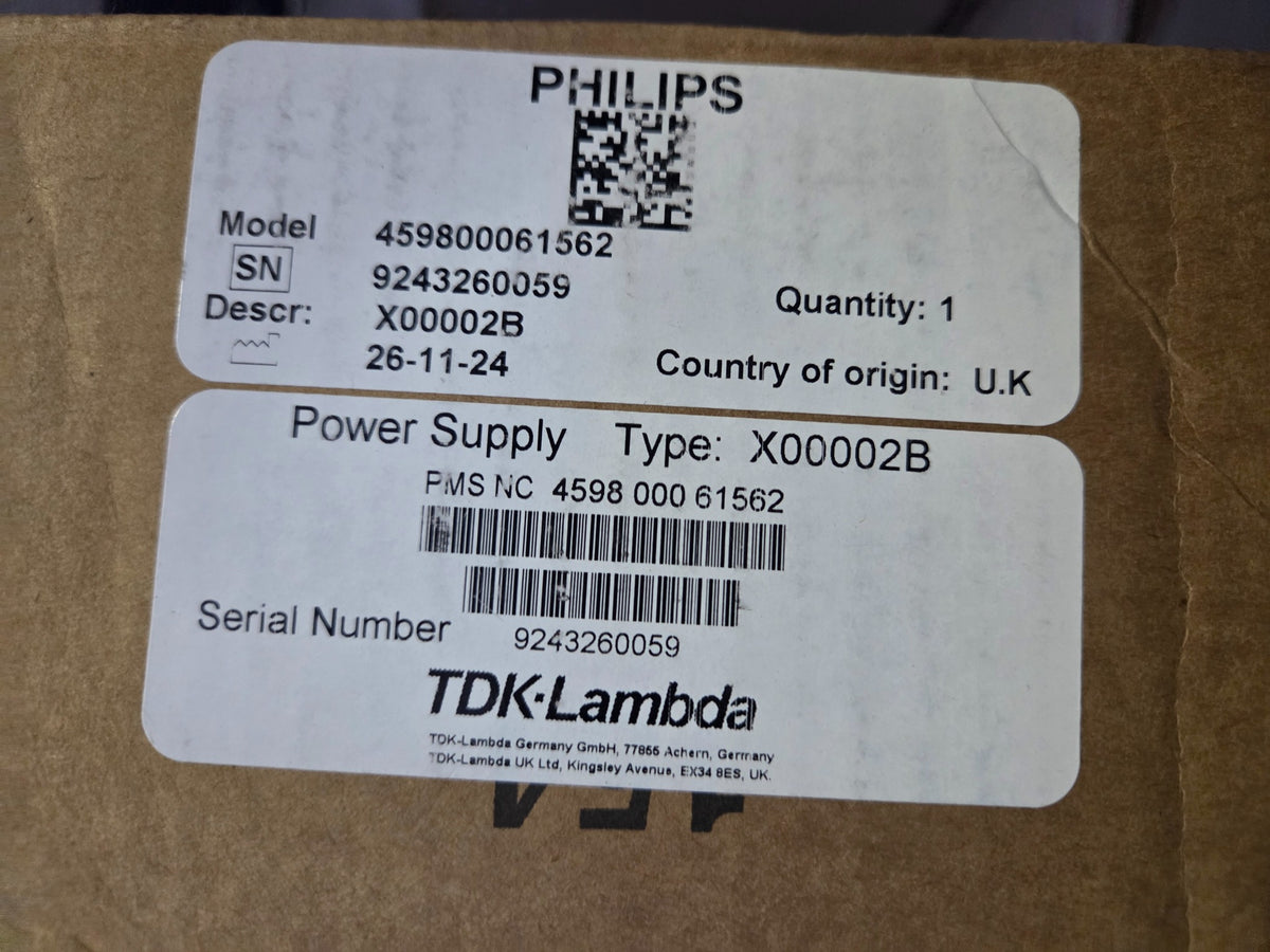Original Philips packaging label for Power Supply Type: X00002B, part 459800061562, serial 9243260059