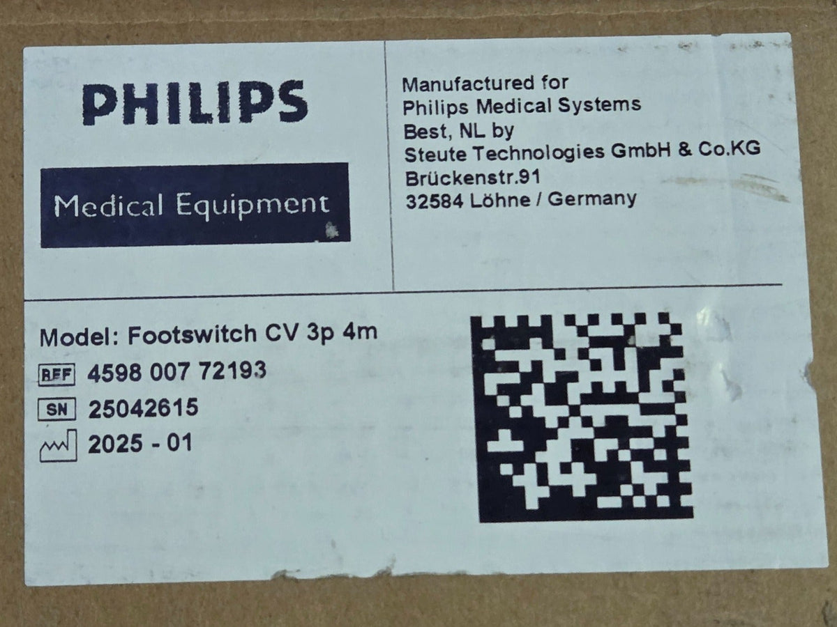 Original Philips packaging label for Footswitch CV 3p 4m, part 459800772193, serial 25042615