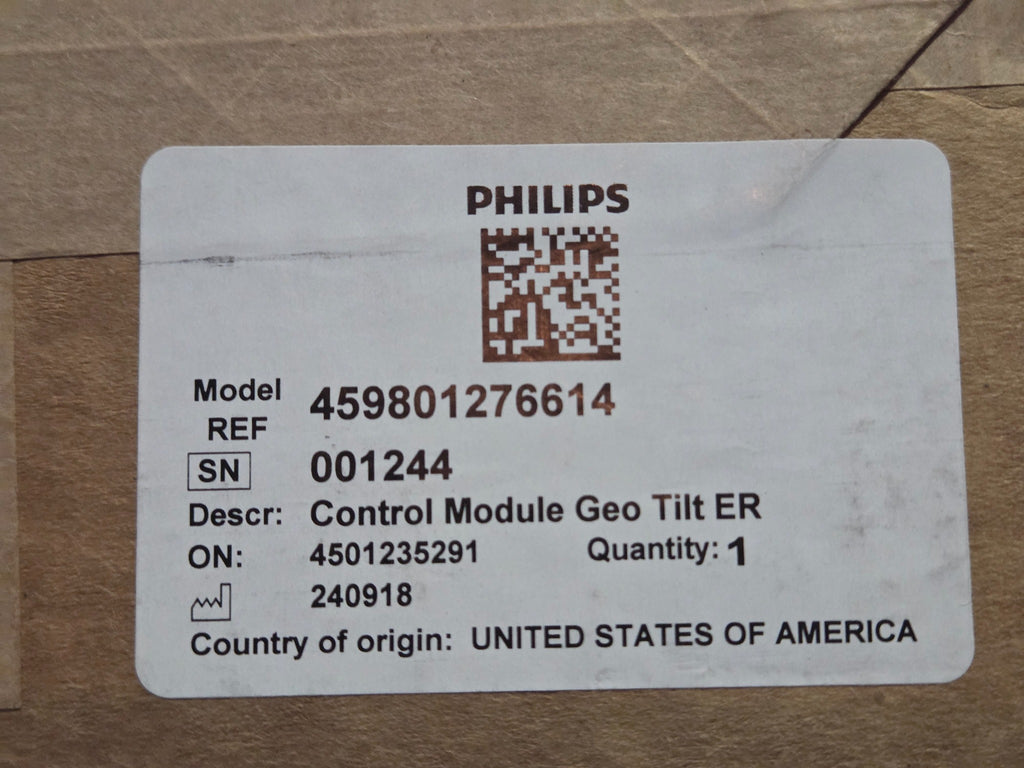 Original Philips packaging label for Control Module Geo Tilt ER, part 459801276614, serial 001244