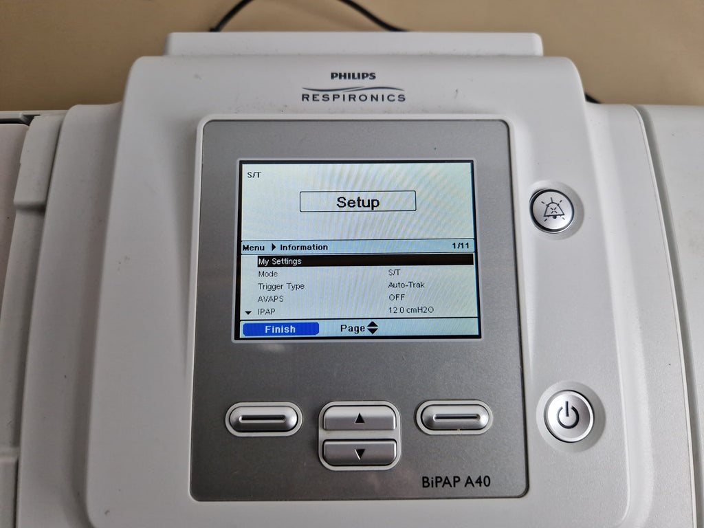 Philips Respironics BiPAP A40 setup screen showing S/T mode and Auto-Trak