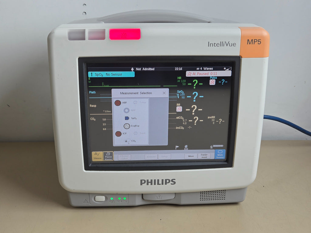 Philips IntelliVue MP5 patient monitor front view powered on