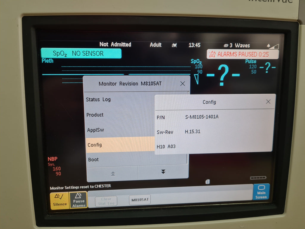 Philips IntelliVue MP5T M8105AT configuration screen showing H10 A03 and software revision H.15.31