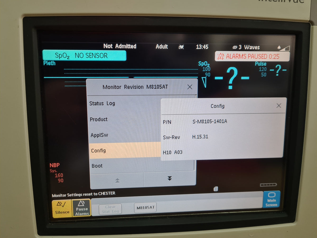 Philips IntelliVue MP5T M8105AT configuration screen showing H10 A03 and software revision H.15.31