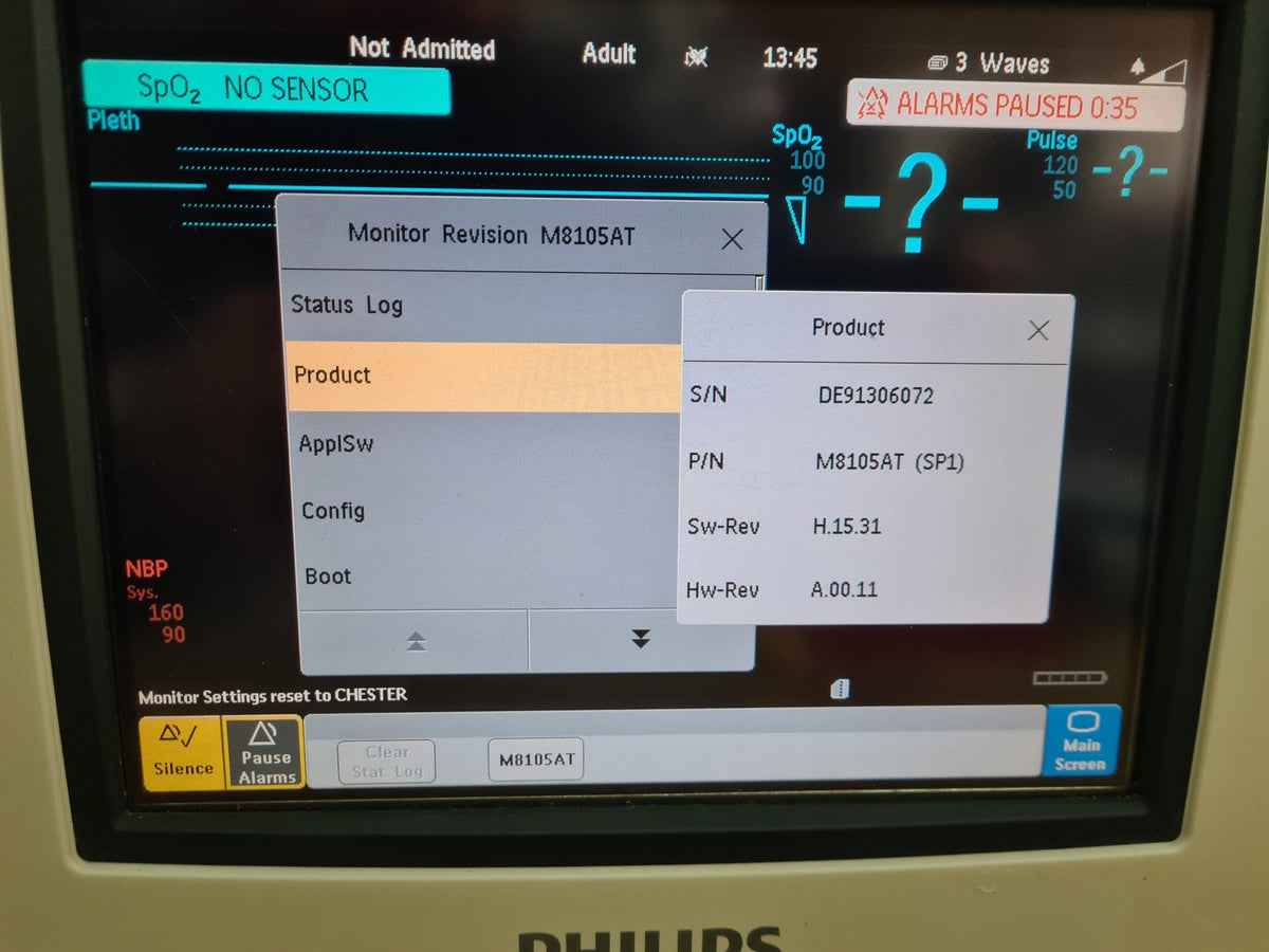 Philips IntelliVue MP5T M8105AT revision screen showing serial DE91306072 and software H.15.31