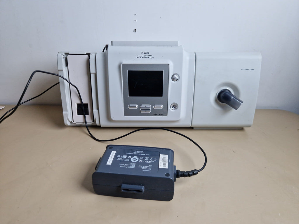 Philips Respironics BiPAP A40 ventilator with System One humidifier, detachable battery module and power supply