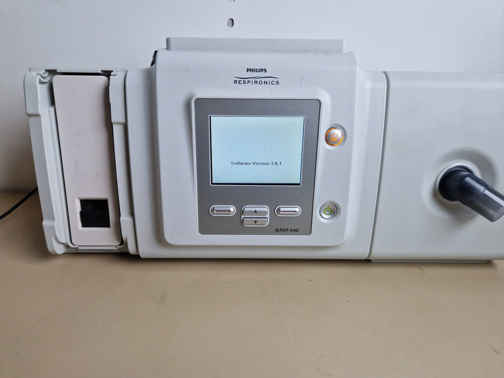 Philips Respironics BiPAP A40 powered on showing software version 3.6.1