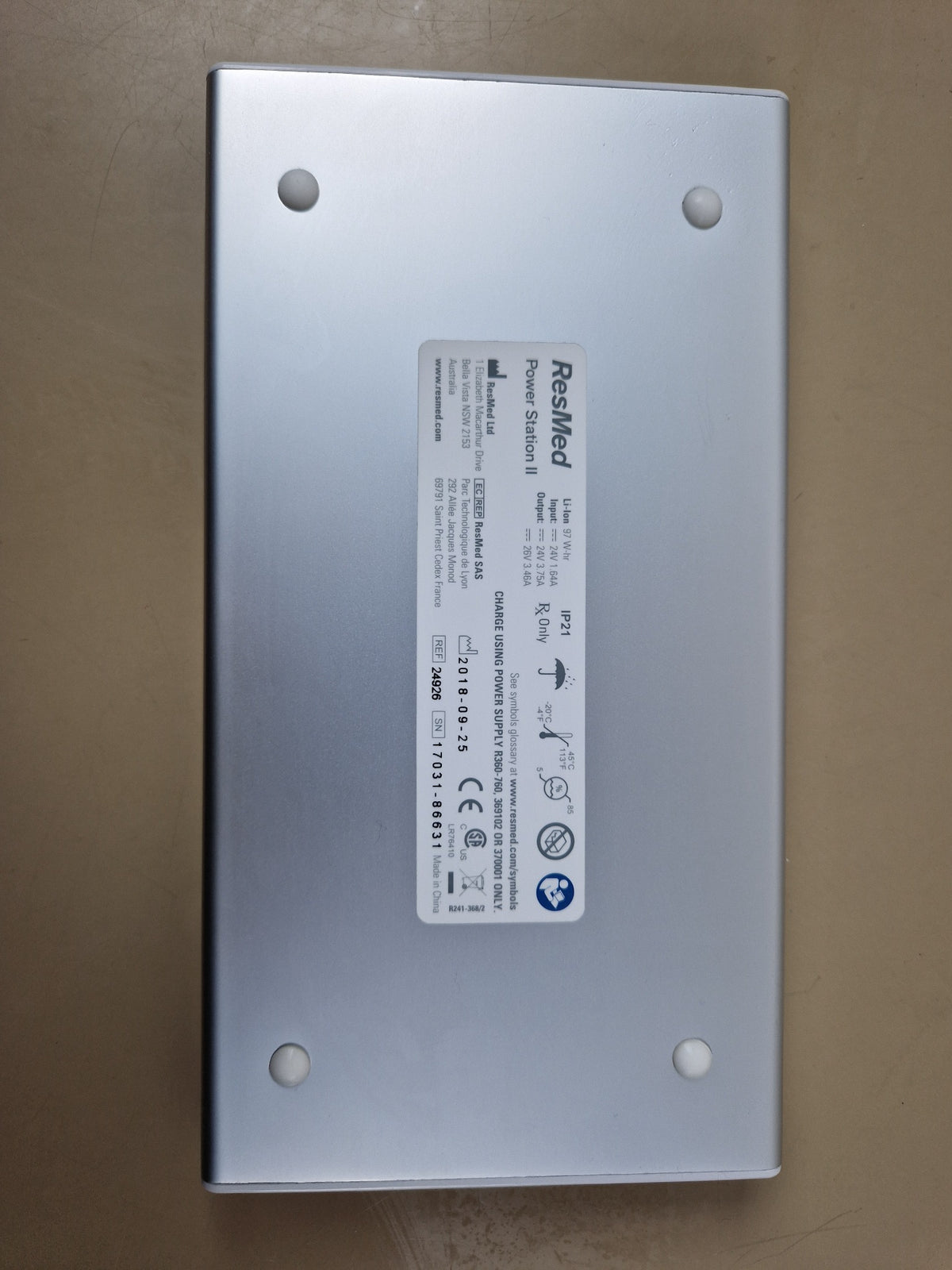 ResMed Power Station II RPS II battery label Ref 24926 97Wh