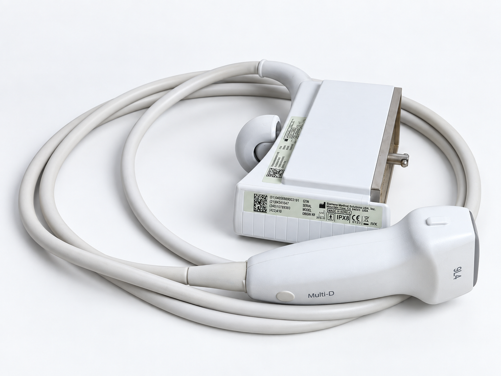 Siemens ACUSON 9L4 ultrasound transducer assembly on clean background