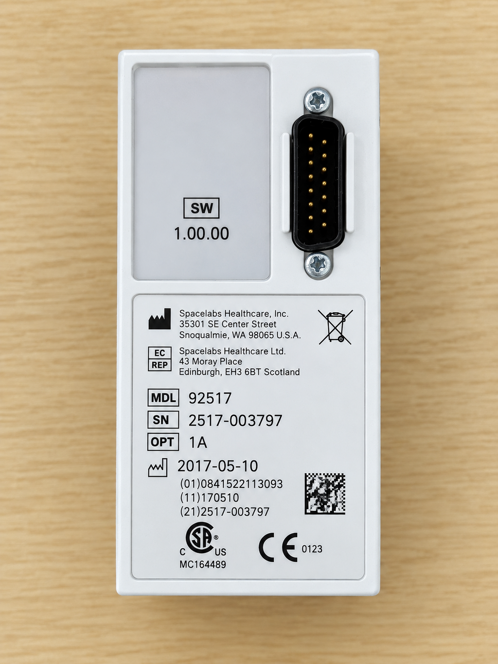 Spacelabs Healthcare 92517 capnography CO2 module rear label and connector