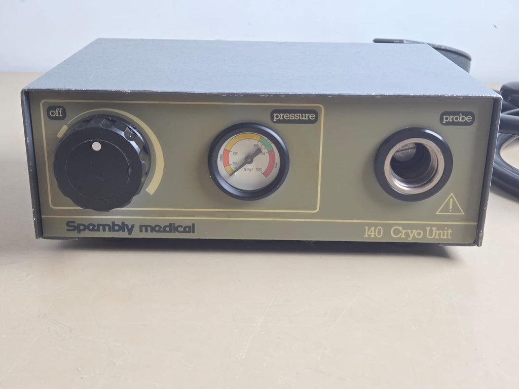 Front panel of Spembly Medical 140 Cryo Unit showing pressure gauge and probe connection