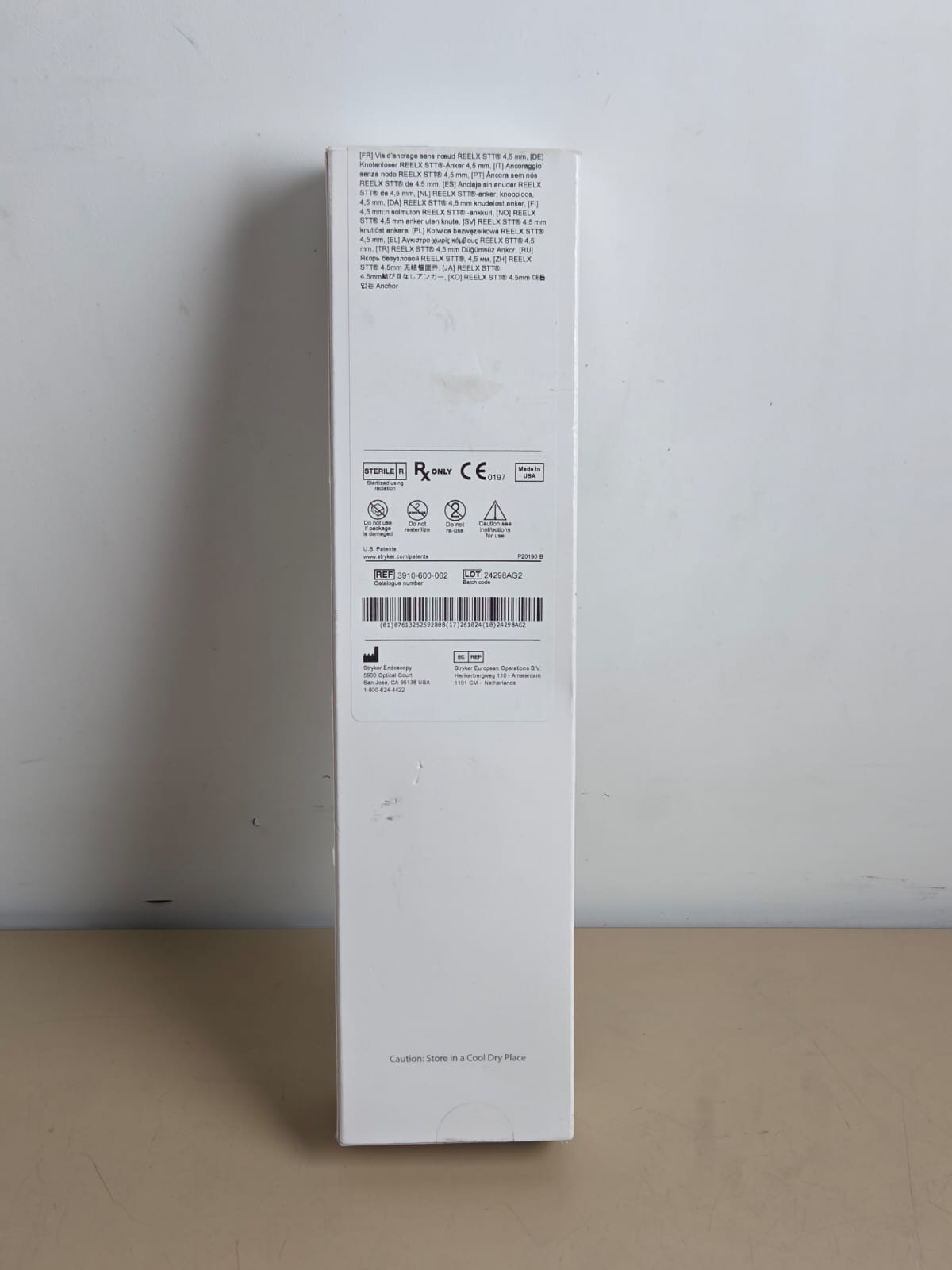 Stryker ReelX STT 4.5mm Knotless Anchor 3910-600-062 sterile packaging side label