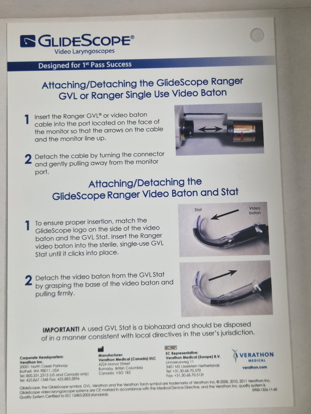 GlideScope Ranger instructions for attaching and detaching video baton