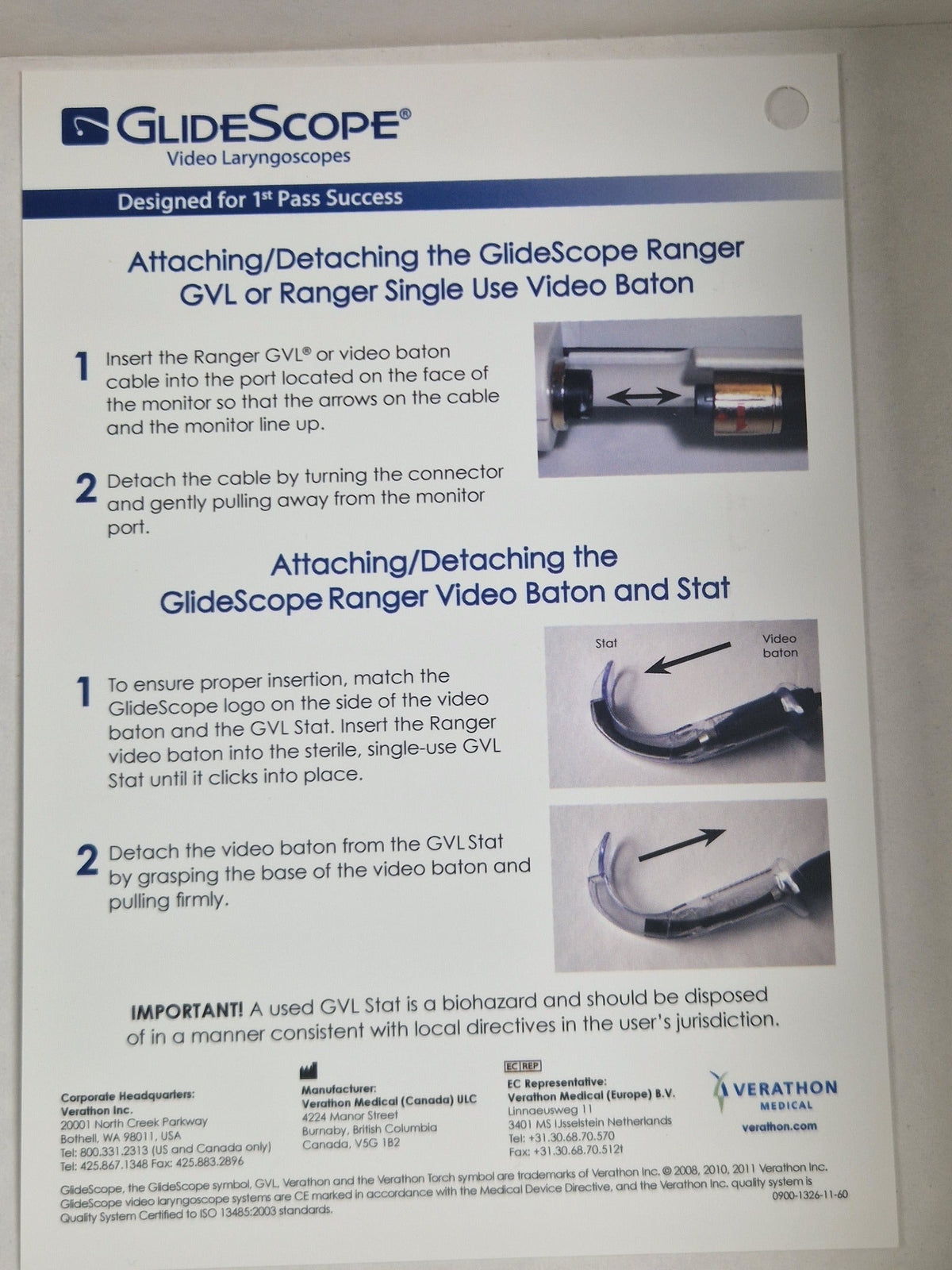 GlideScope Ranger instructions for attaching and detaching video baton