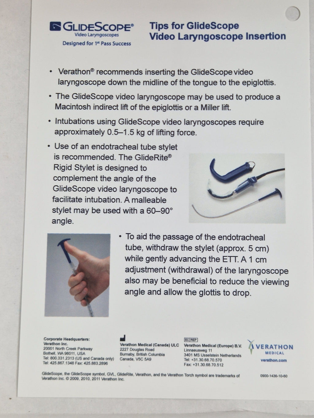GlideScope video laryngoscope insertion information sheet