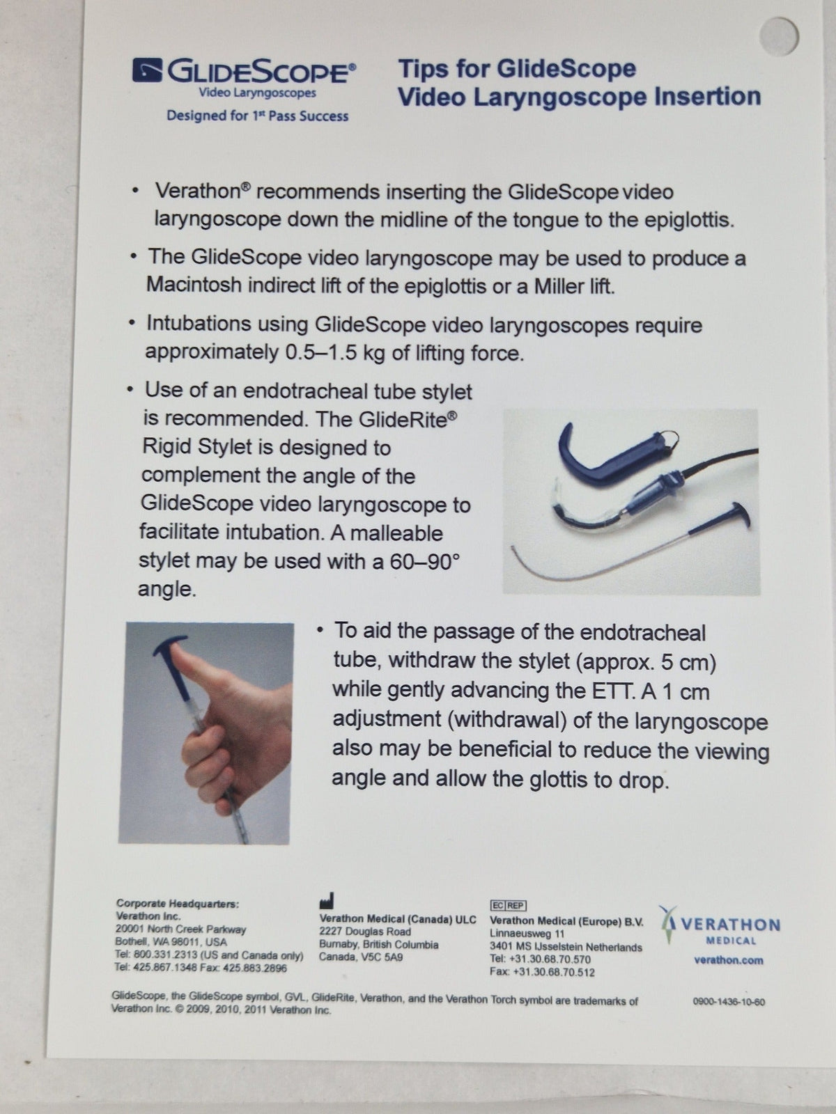 GlideScope video laryngoscope insertion information sheet
