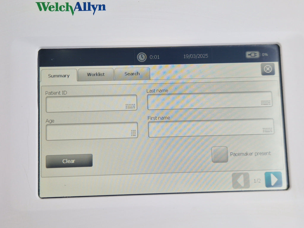 Welch Allyn CP150 ECG settings touchscreen showing date language and mains frequency